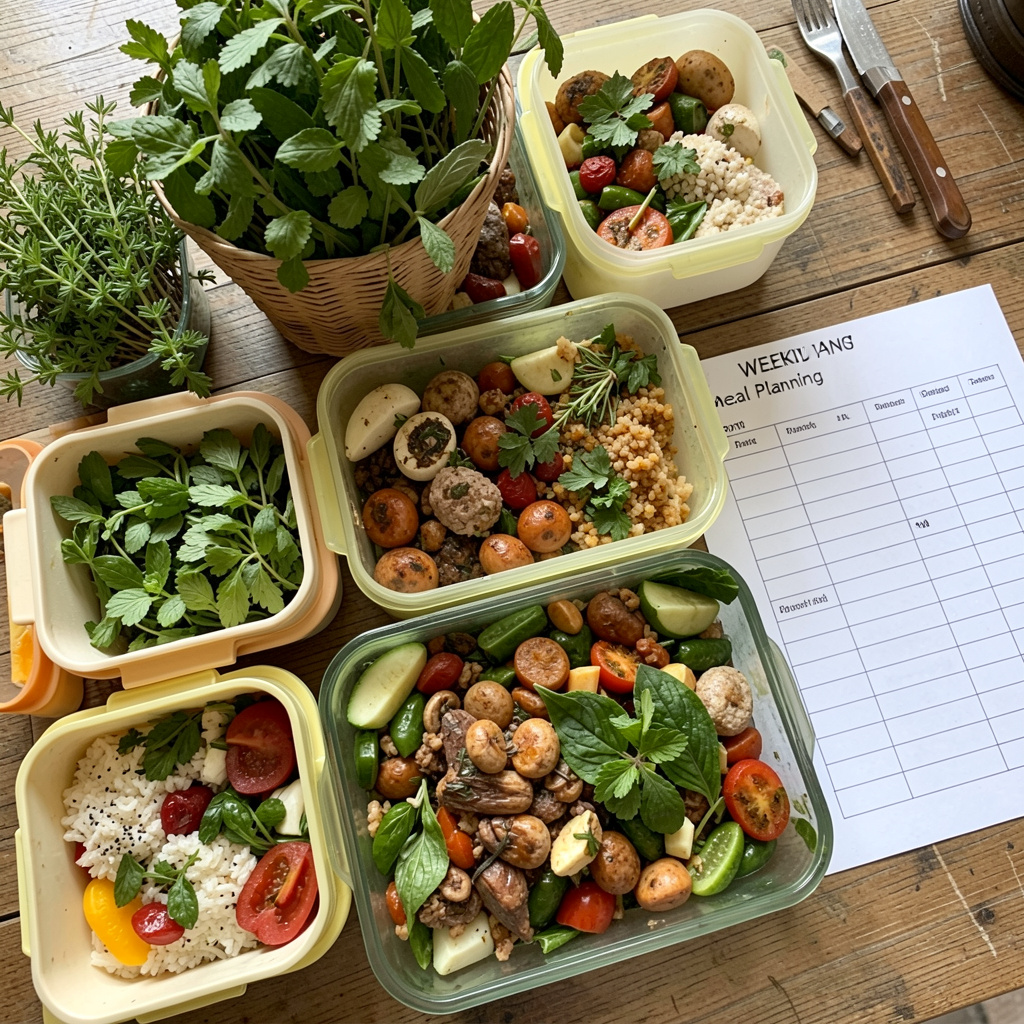 Organized meal planning with fresh ingredients and schedule